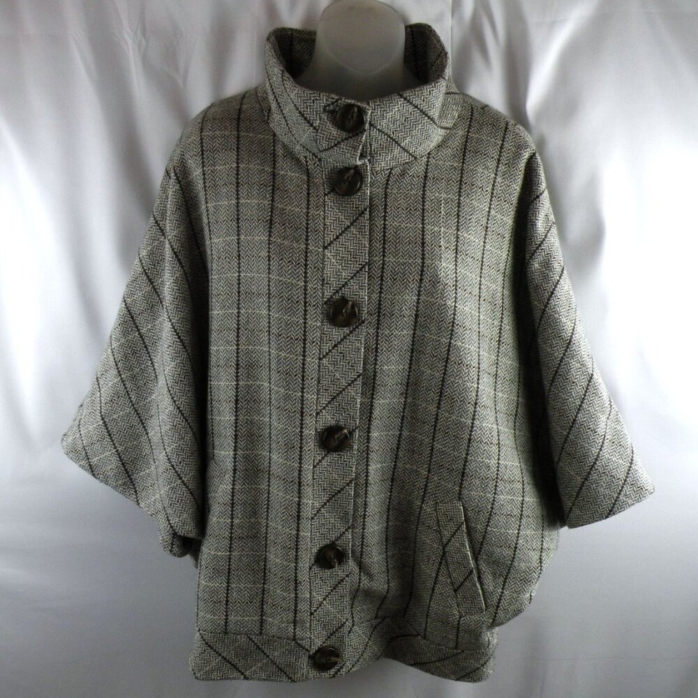 Halogen tweed cape capelet jacket wool blend herringbone plaid poncho coat XL